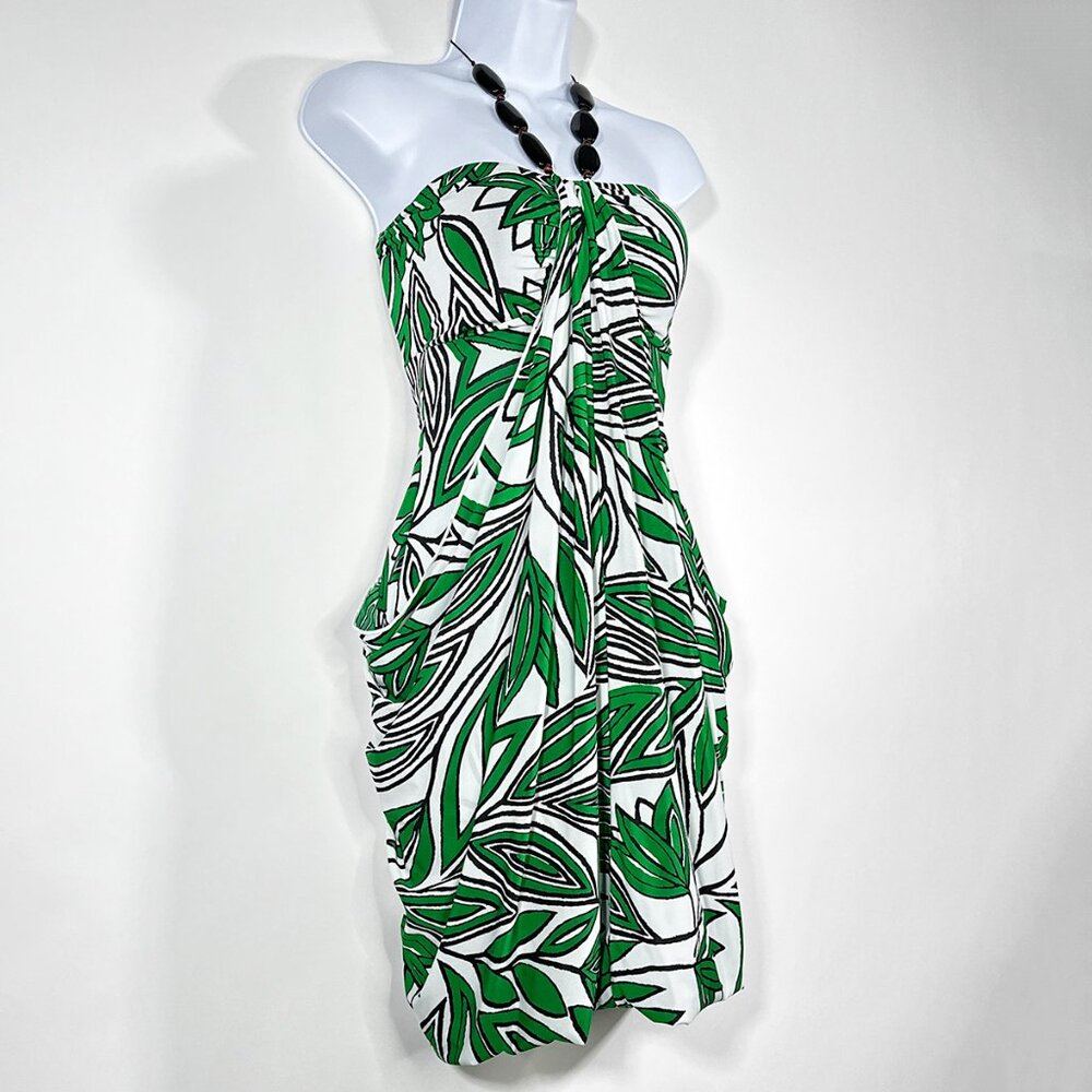 NWT‎ Kitty Halter Dress White Green Leaf Design Six Brown Buttons Size Small